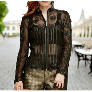 ZAMBAK DERI Handmade Sheer Mesh‎ Jacket Genuine Lambskin Leather Rose Appliqués